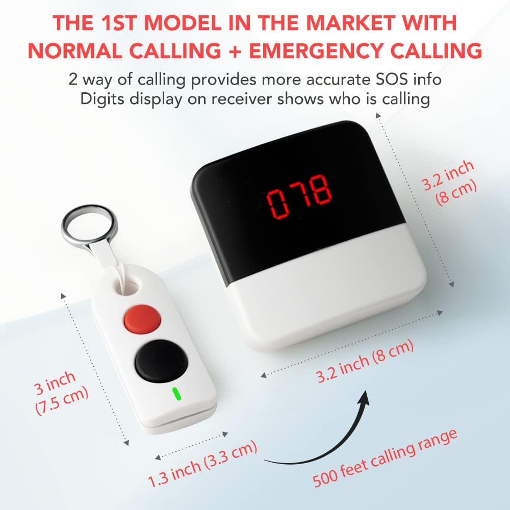 Caregiver Pager with 4 SOS Call Buttons 2 Receivers Z7352