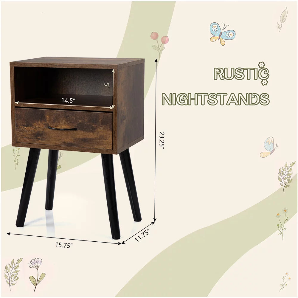 Brown Nightstand Set of 2 with Drawer and Shelf G82346