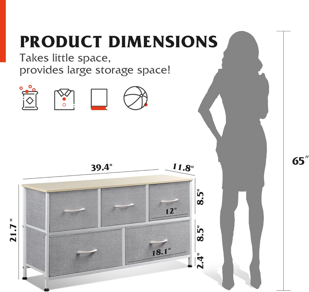 1-Drawer Nightstand and 5-Drawer Dresser Set with Fabric Bins, Steel Frame U358