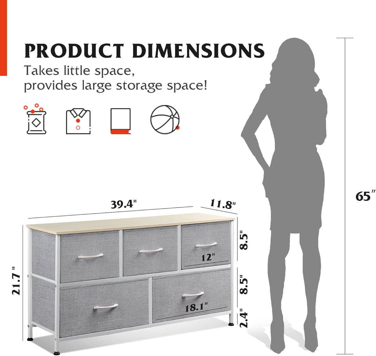1-Drawer Nightstand and 5-Drawer Dresser Set with Fabric Bins, Steel Frame U358