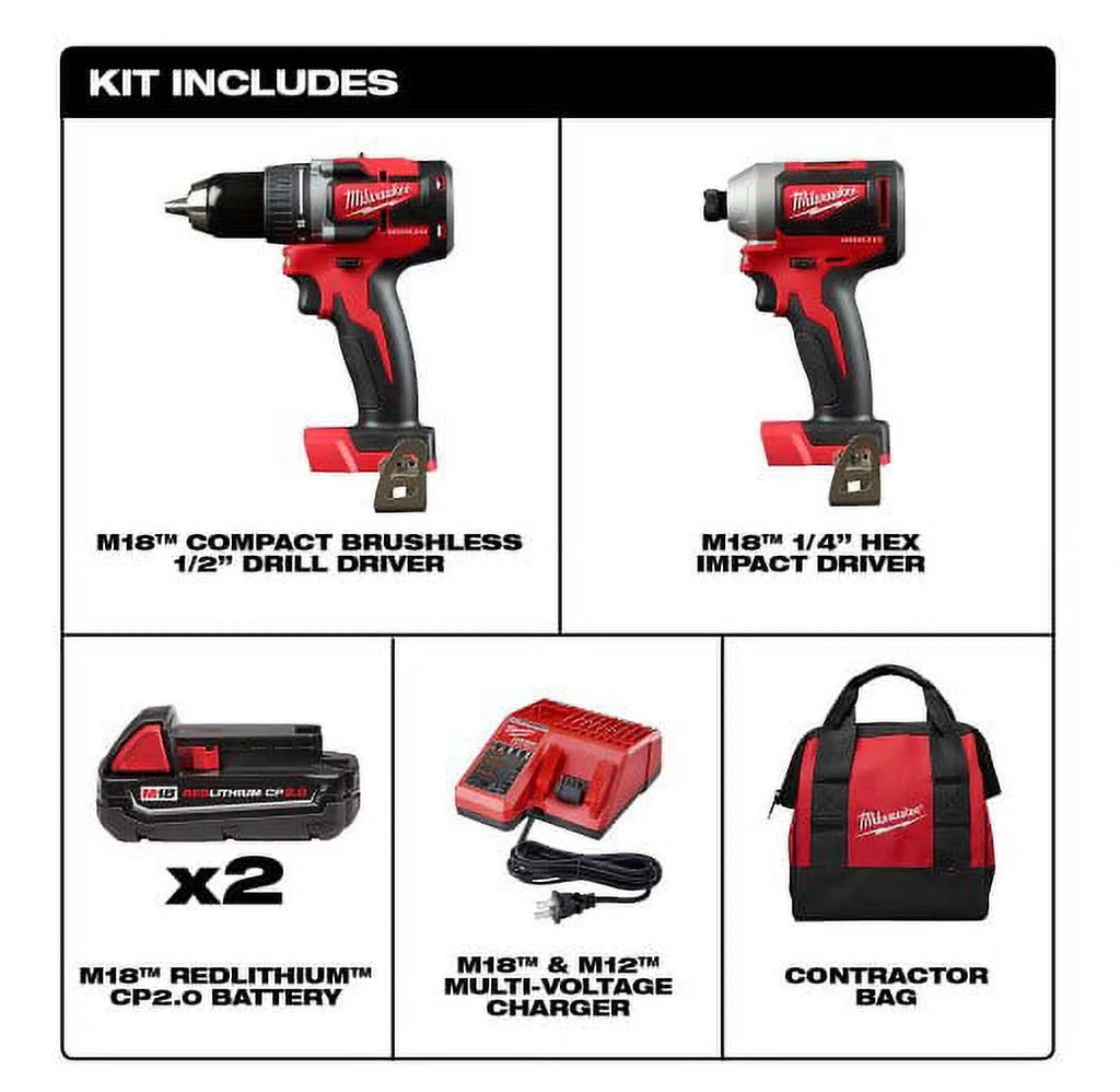 Compact Brushless Cordless Drill/Impact Combo Kit (2-Tool) with 2.0Ah Batteries, Charger & Bag R93269