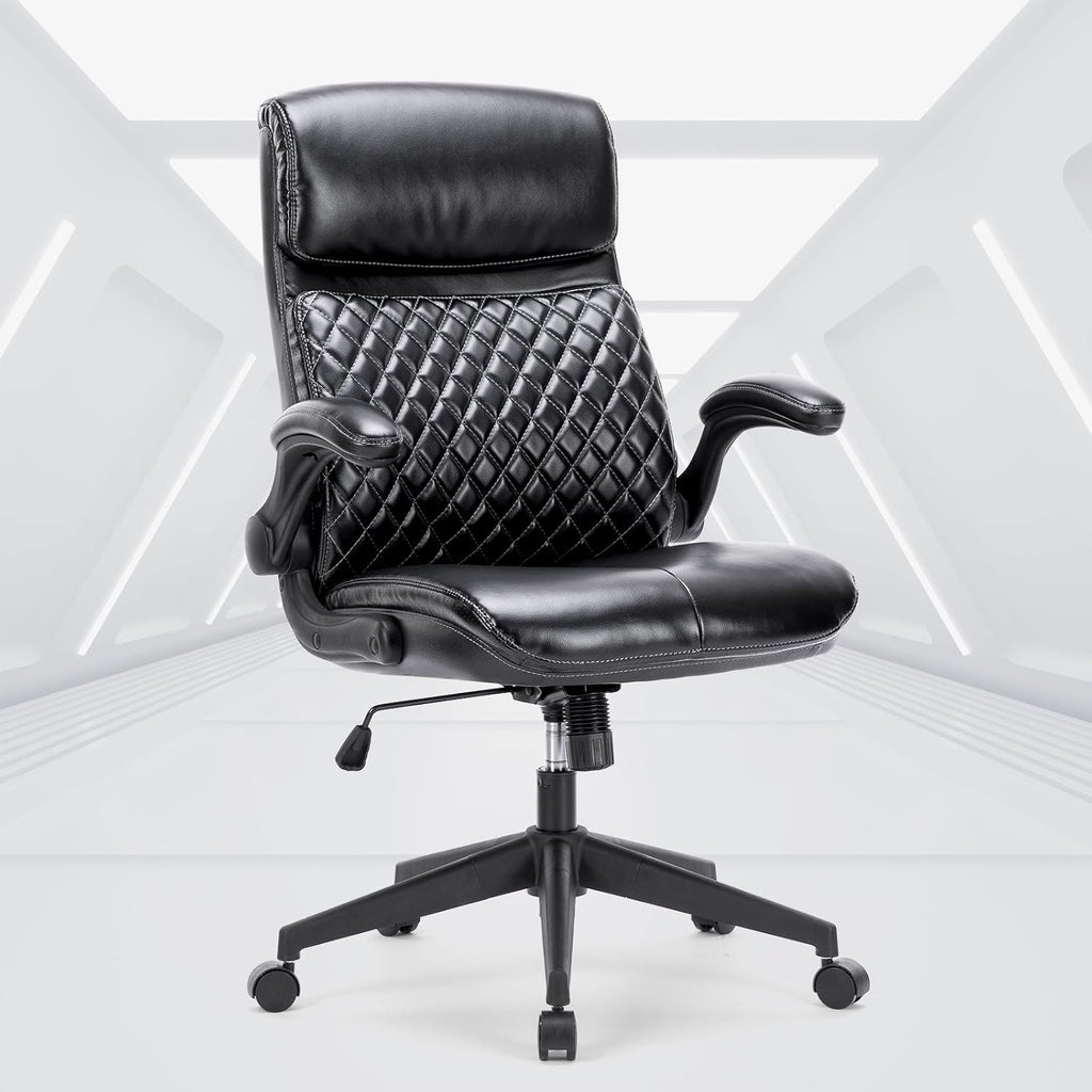 Black Leather High Back Executive Office Chair with Padded Flip-up Arms Y798