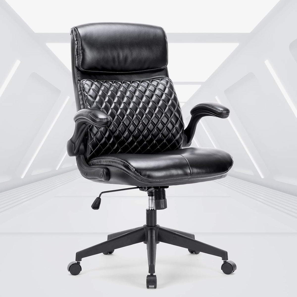 Black Leather High Back Executive Office Chair with Padded Flip-up Arms Y798