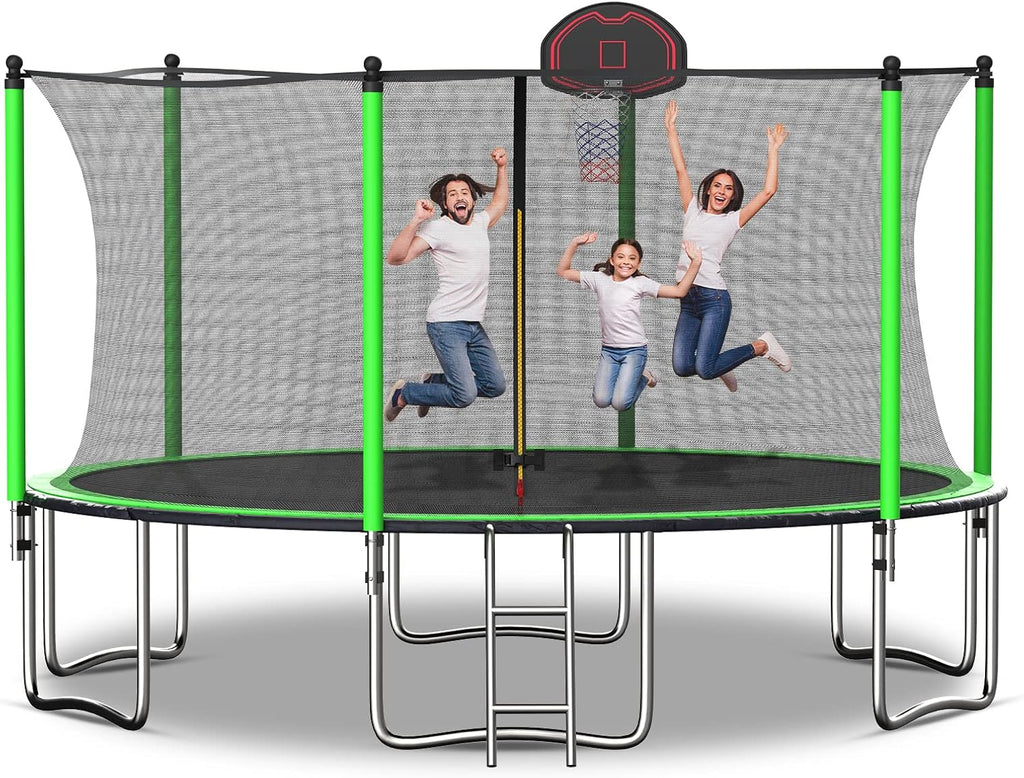 12 14 15 16FT Trampoline with Enclosure Net, Basketball Hoop and Ladder R1530