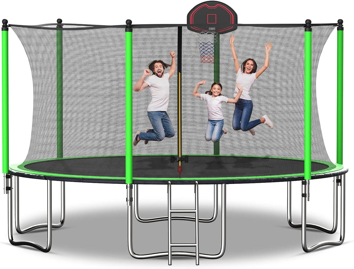 12 14 15 16FT Trampoline with Enclosure Net, Basketball Hoop and Ladder R1530