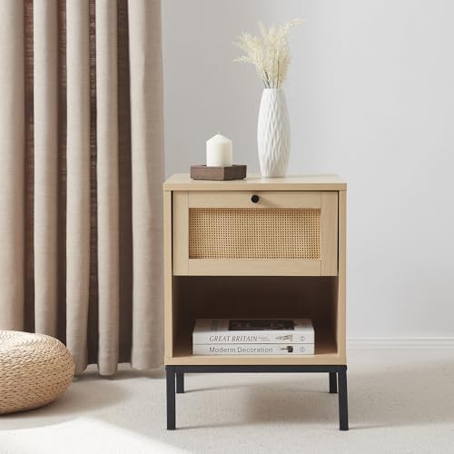 Black 1-Drawer Wood Rattan Nightstand I1896
