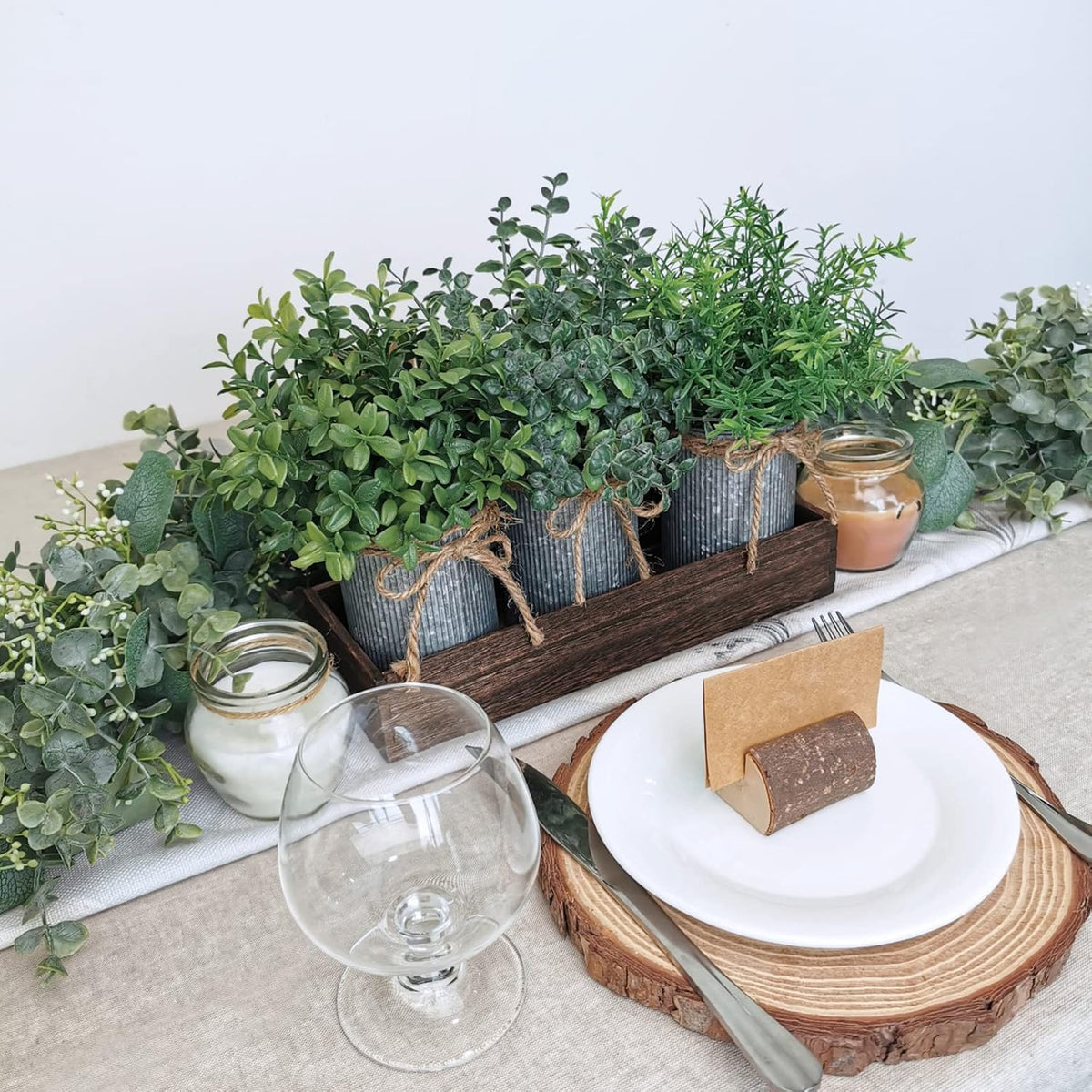 Set of 3 Mini Faux Potted Plants in Rustic Galvanized Metal Pots with Rectangle Wood Box W7383