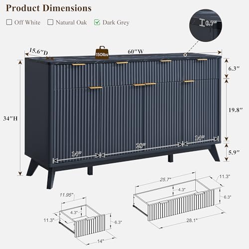 60" Buffet Sideboard Cabinet with 4 Doors and 3 Drawers R94682