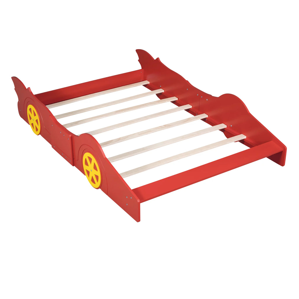 Full Size Race Car Shaped Wood Platform Bed Frame with Wheels L338