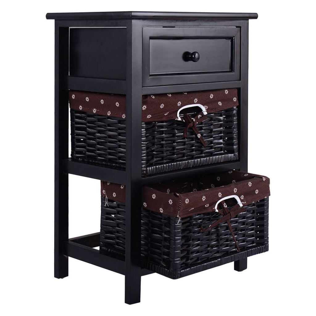 Black 3 Tiers 1 Drawer Wood Night Stand with 2 Baskets T283909
