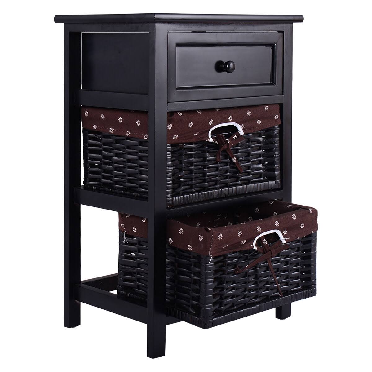 Black 3 Tiers 1 Drawer Wood Night Stand with 2 Baskets T283909
