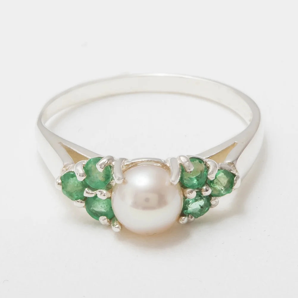 9k White Gold Cultured Pearl & Emerald Cluster Ring G60229