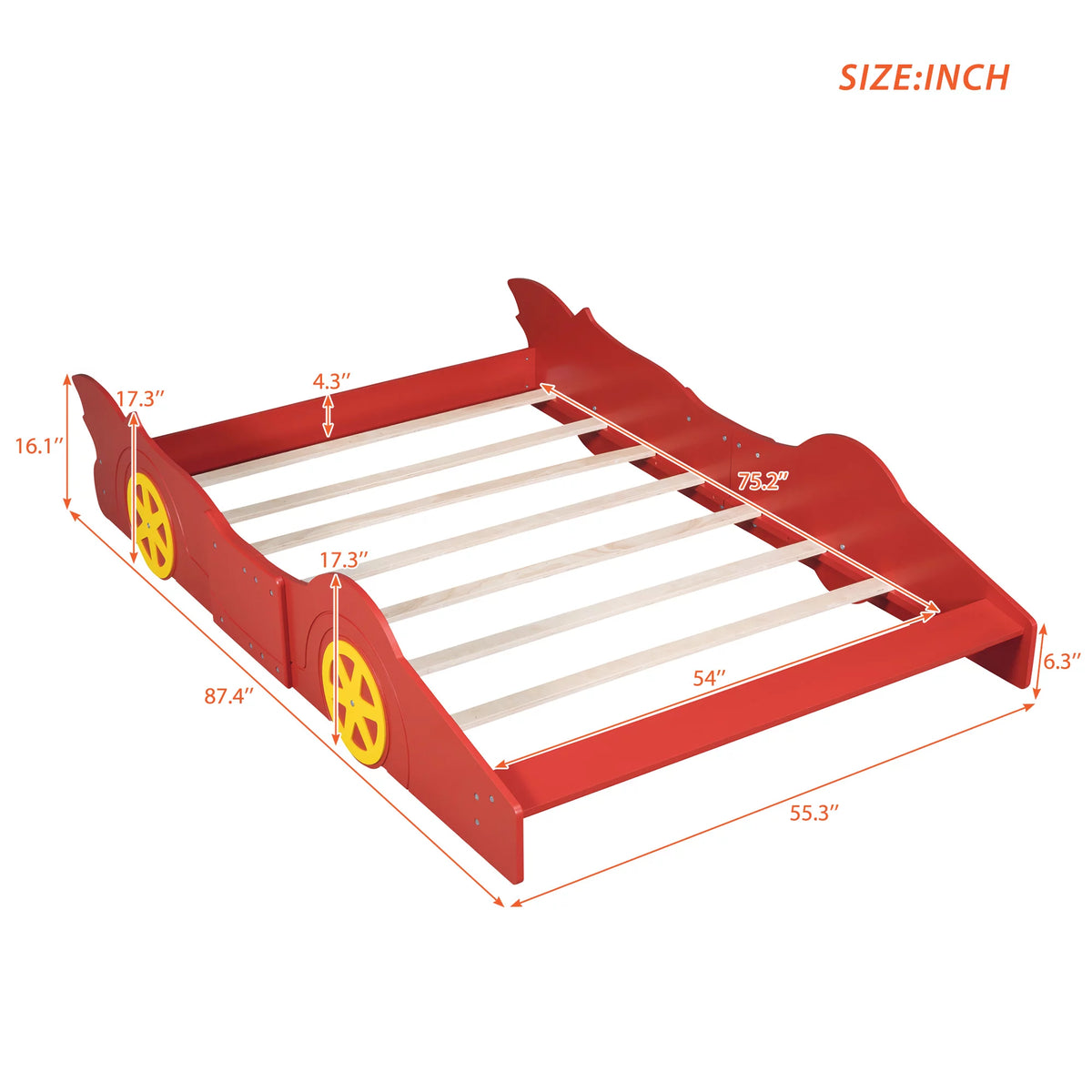 Full Size Race Car Shaped Wood Platform Bed Frame with Wheels L338