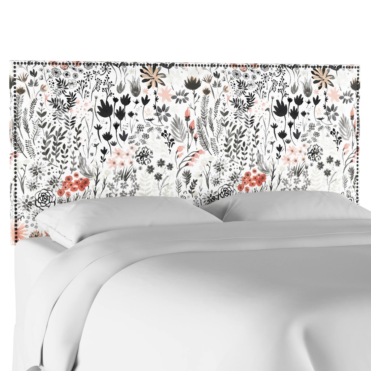 Nail Button Headboard in Winter Botanical (Red - Twin) C6021