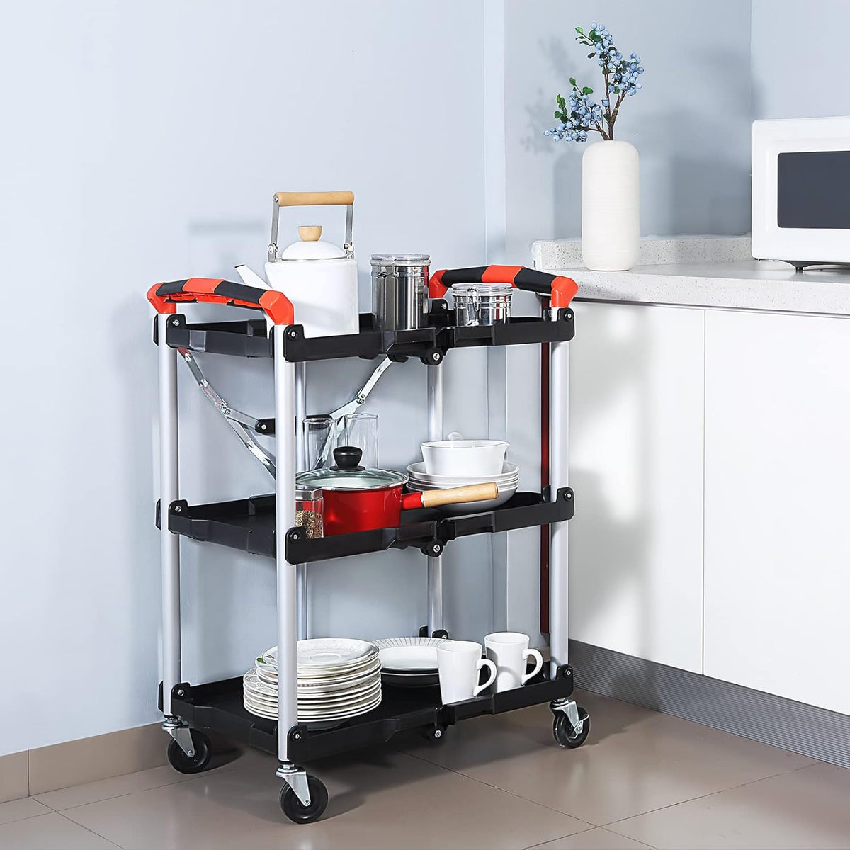 Black/Red Folding Collapsible Service Cart U4945