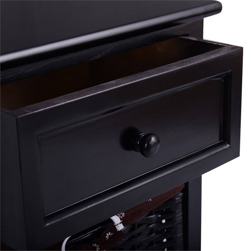 Black 3 Tiers 1 Drawer Wood Night Stand with 2 Baskets T283909
