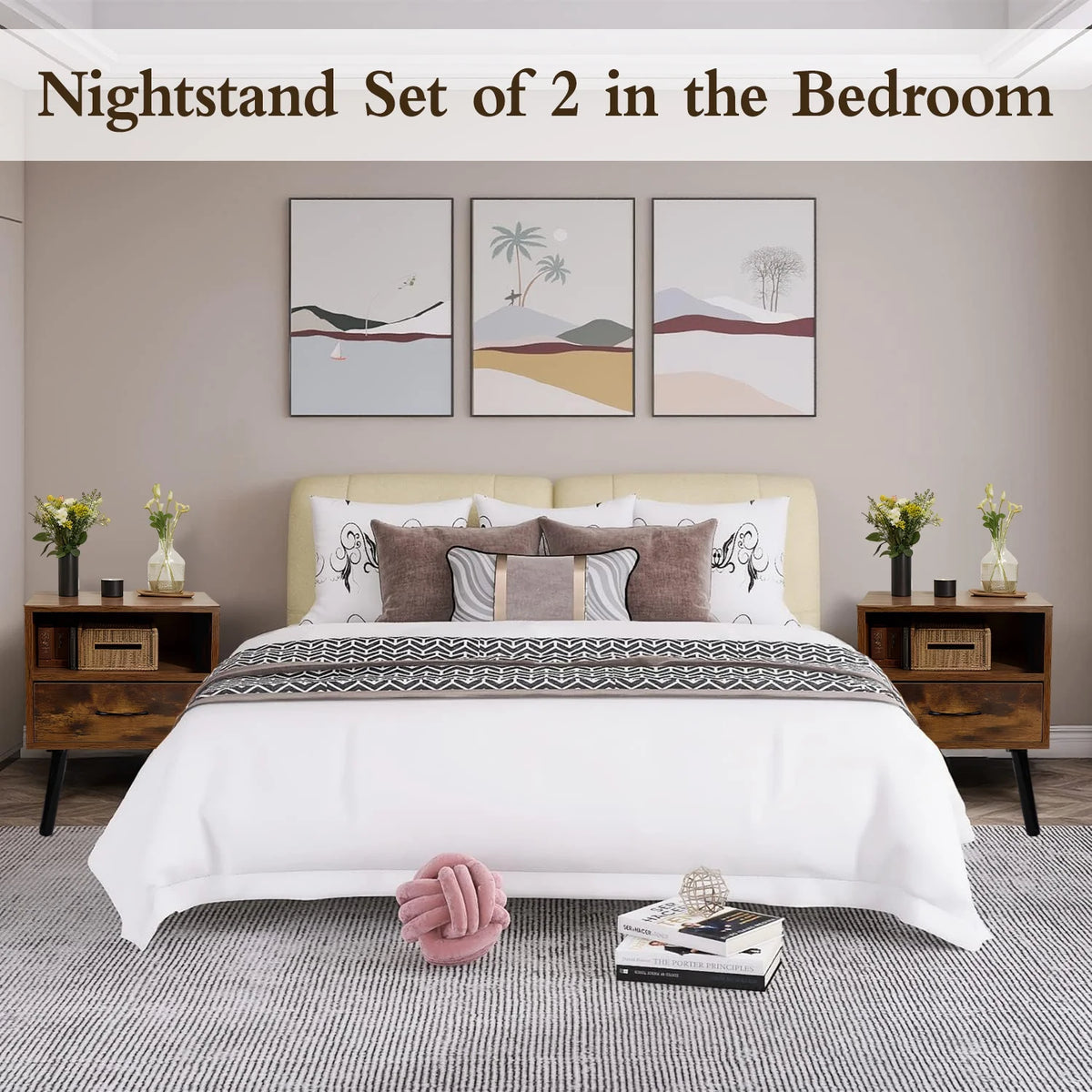 Brown Nightstand Set of 2 with Drawer and Shelf G82346