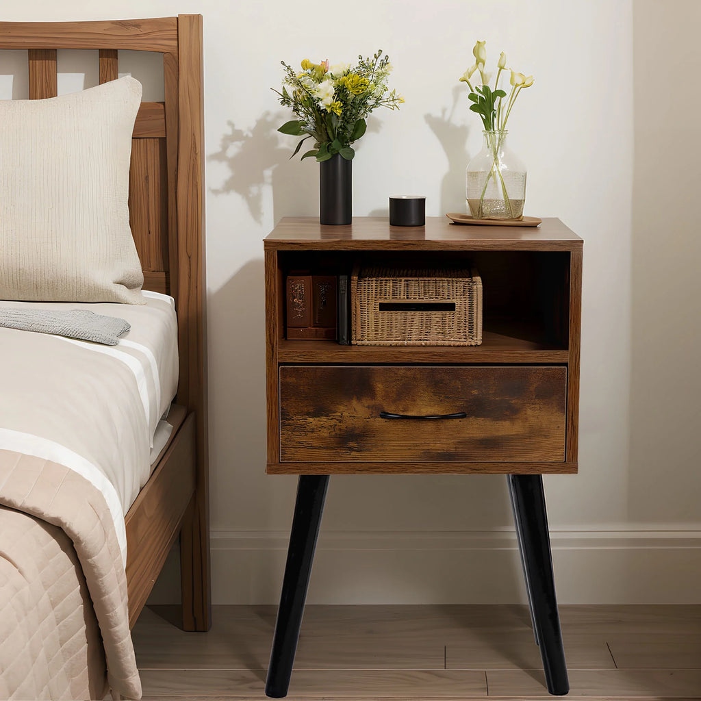 Brown Nightstand Set of 2 with Drawer and Shelf G82346