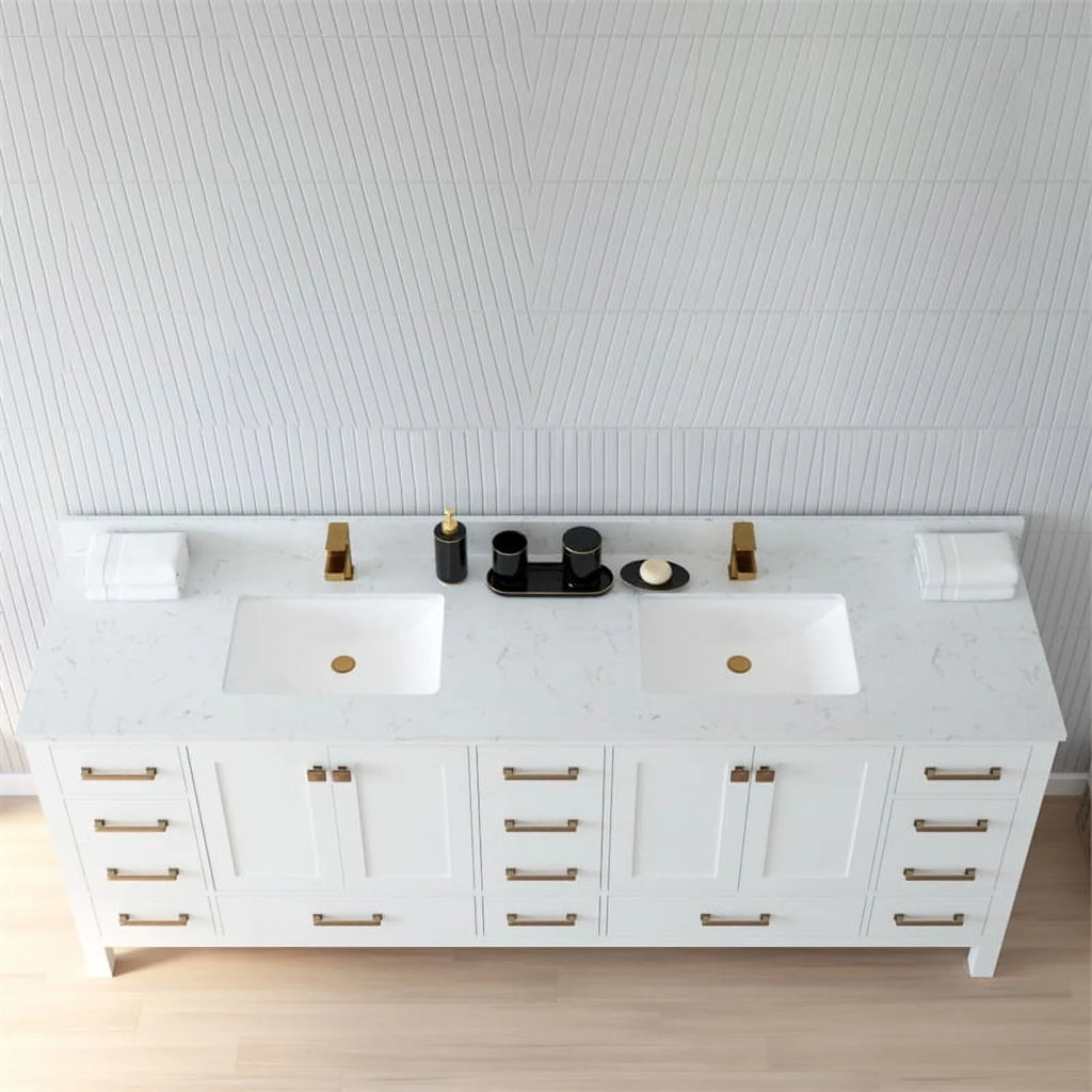 84" Double Sink Bathroom Vanity White Stone Top K6511