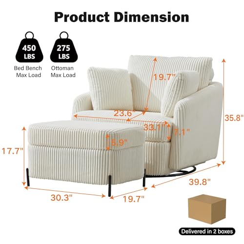 Oversized Swivel Accent Chair with Ottoman, Corduroy, Gray O86421