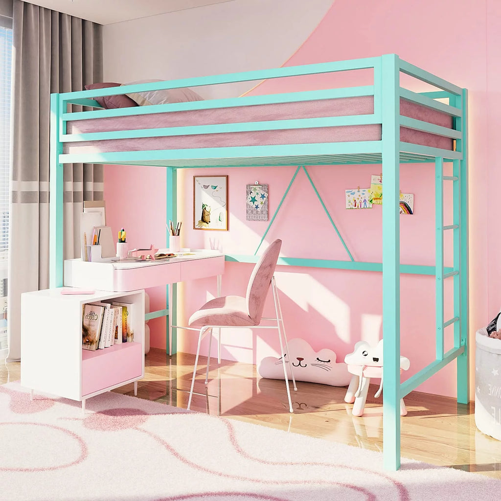 Twin Size White Loft Bed with Metal Ladder U7327