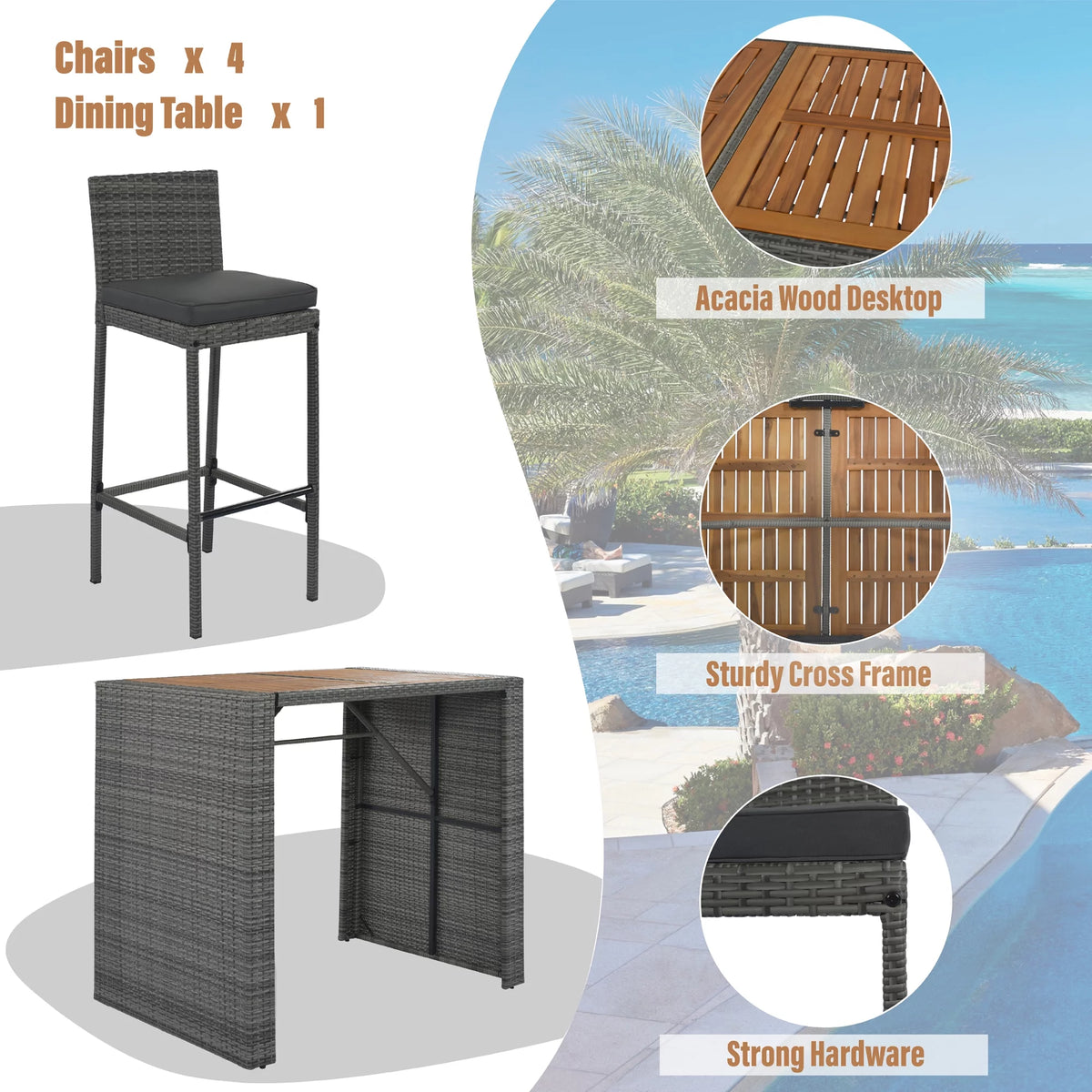5 Pcs Rattan Patio Dining Table Set L5928