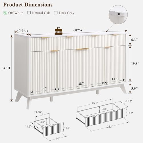 60" Buffet Sideboard Cabinet with 4 Doors and 3 Drawers R94682