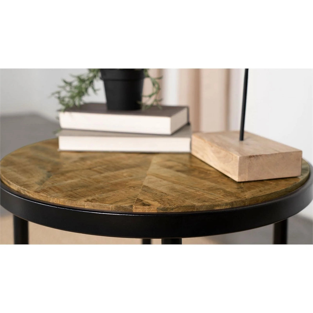 Round Metal Side Table in Natural Mango and Black L8087