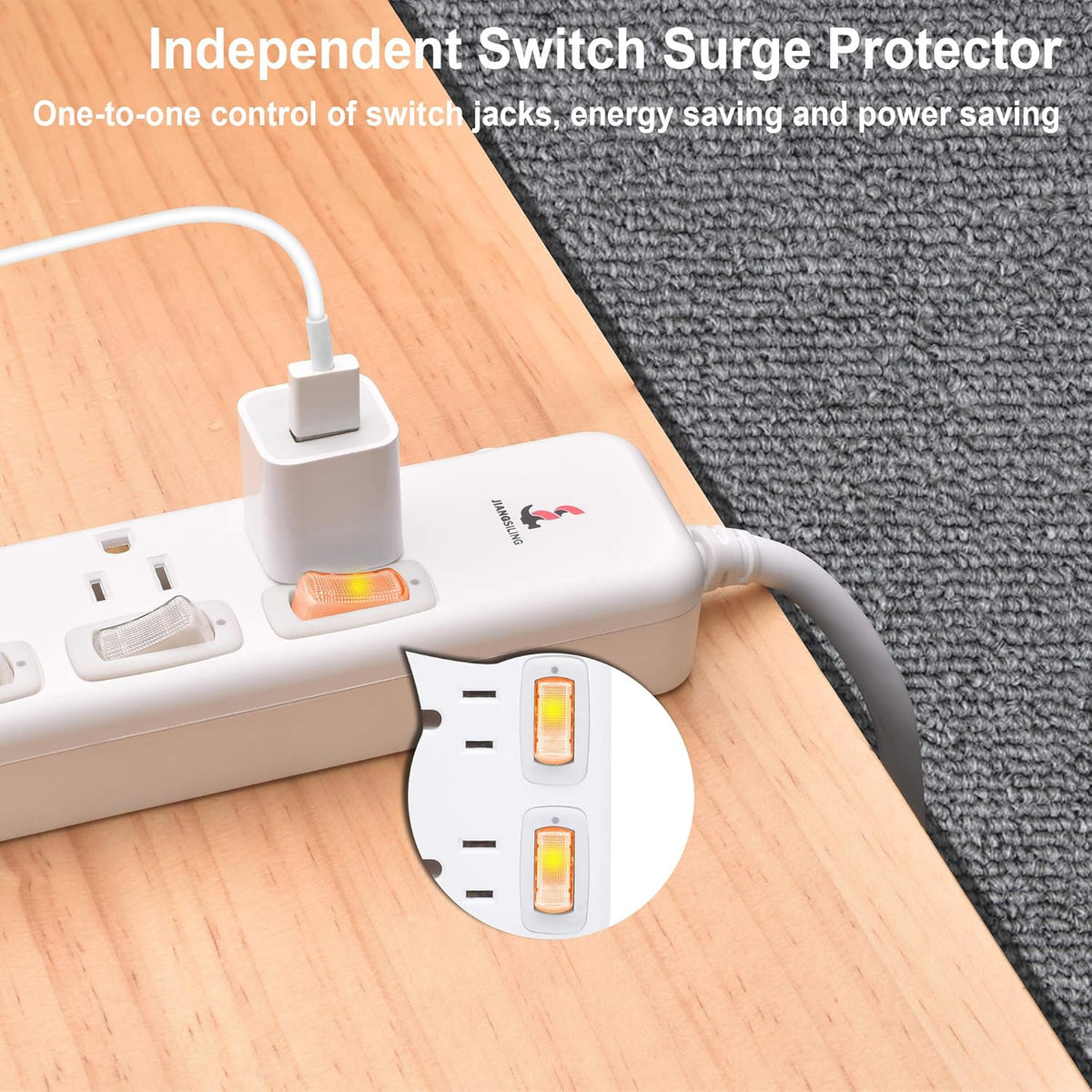 6 Outlets Surge Protector Power Strip with Individual Switch I2696