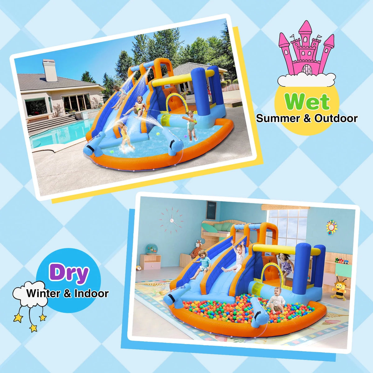 Kids Inflatable Water Slide Bouncer with Pool and Climbing Wall U696843