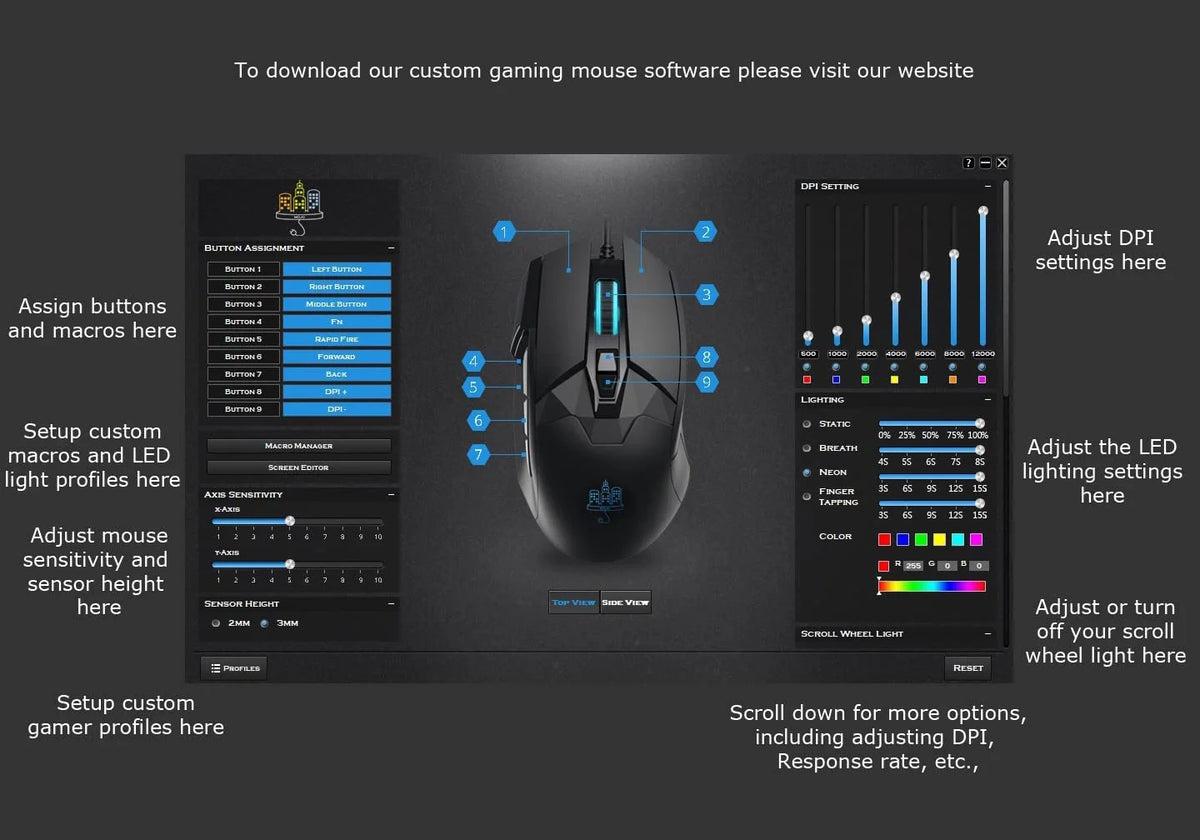 Wired Gaming Mouse with 9 Programmable Buttons, 12000 DPI R654