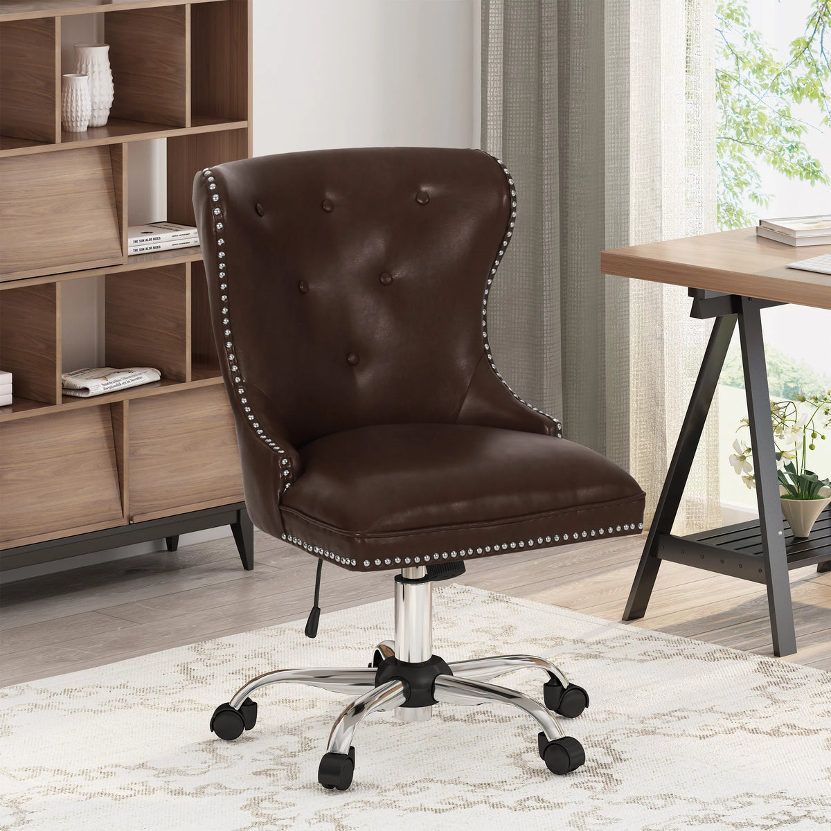Dark Brown and Chrome Tufted Swivel Office Chair O506794