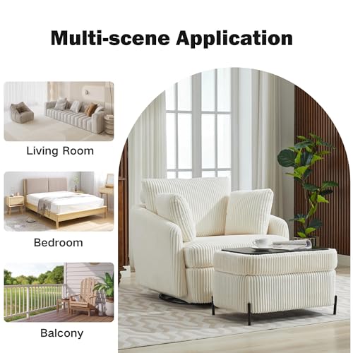 Oversized Swivel Accent Chair with Ottoman, Corduroy, Gray O86421