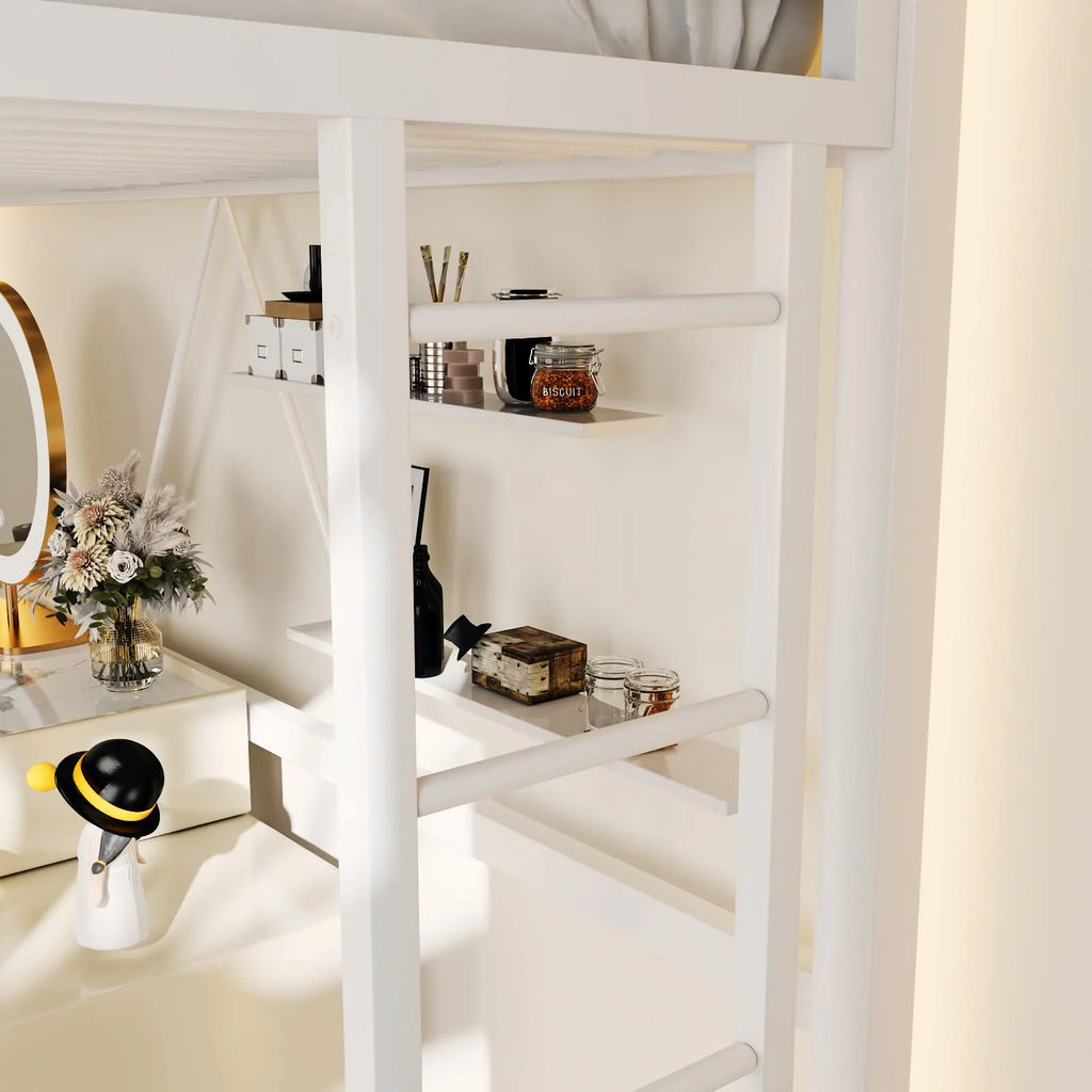 Twin Size White Loft Bed with Metal Ladder U7327