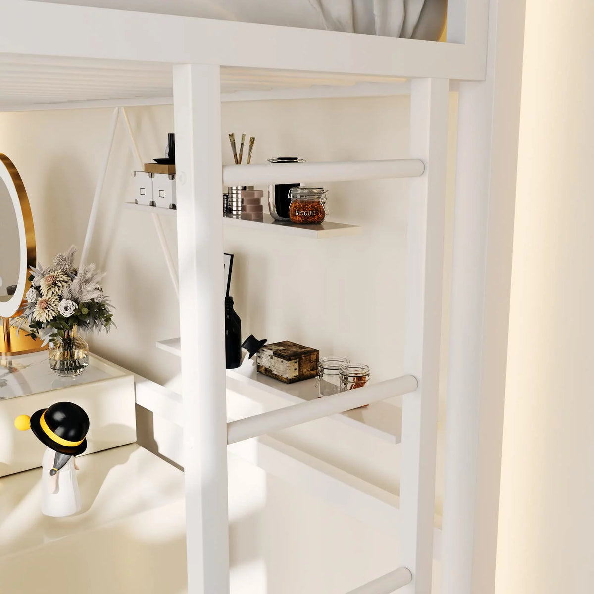 Twin Size White Loft Bed with Metal Ladder U7327
