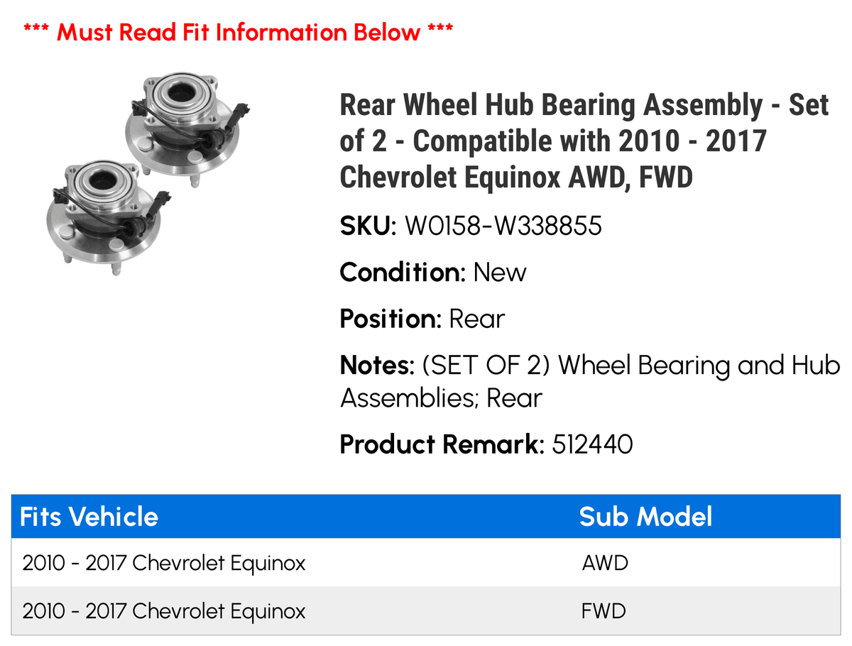 Rear Wheel Hub Bearing Assembly Set of 2 G346152