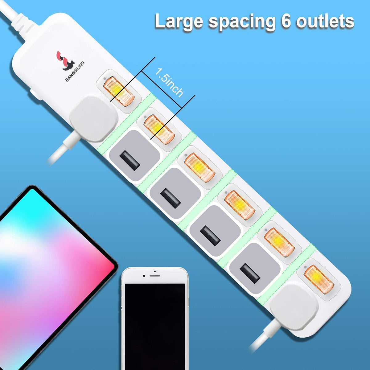 6 Outlets Surge Protector Power Strip with Individual Switch I2696