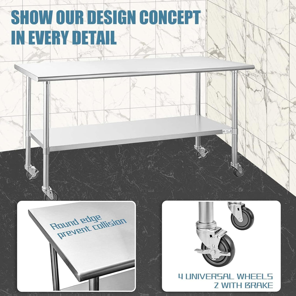 Stainless Steel Table 24 x 72 Inches with Caster Wheels and Undershelf G765