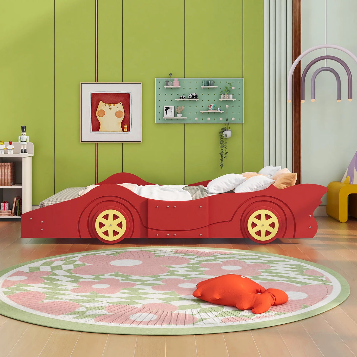 Full Size Race Car Shaped Wood Platform Bed Frame with Wheels L338