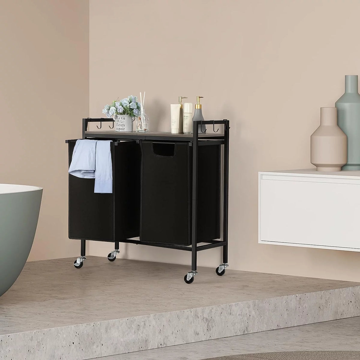 Black Double Laundry Hamper with Removable Bag and Shelf L8662