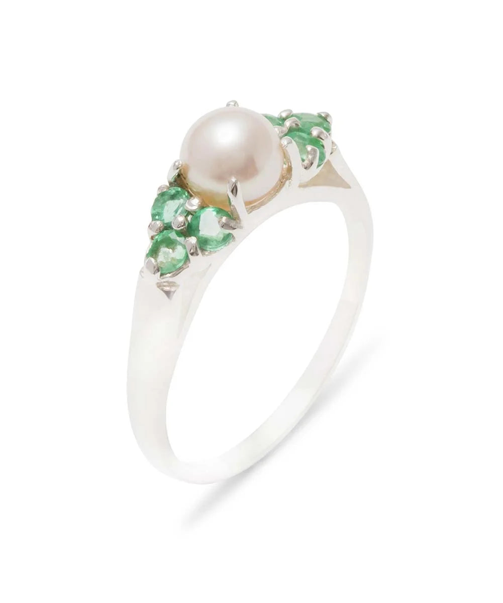9k White Gold Cultured Pearl & Emerald Cluster Ring G60229