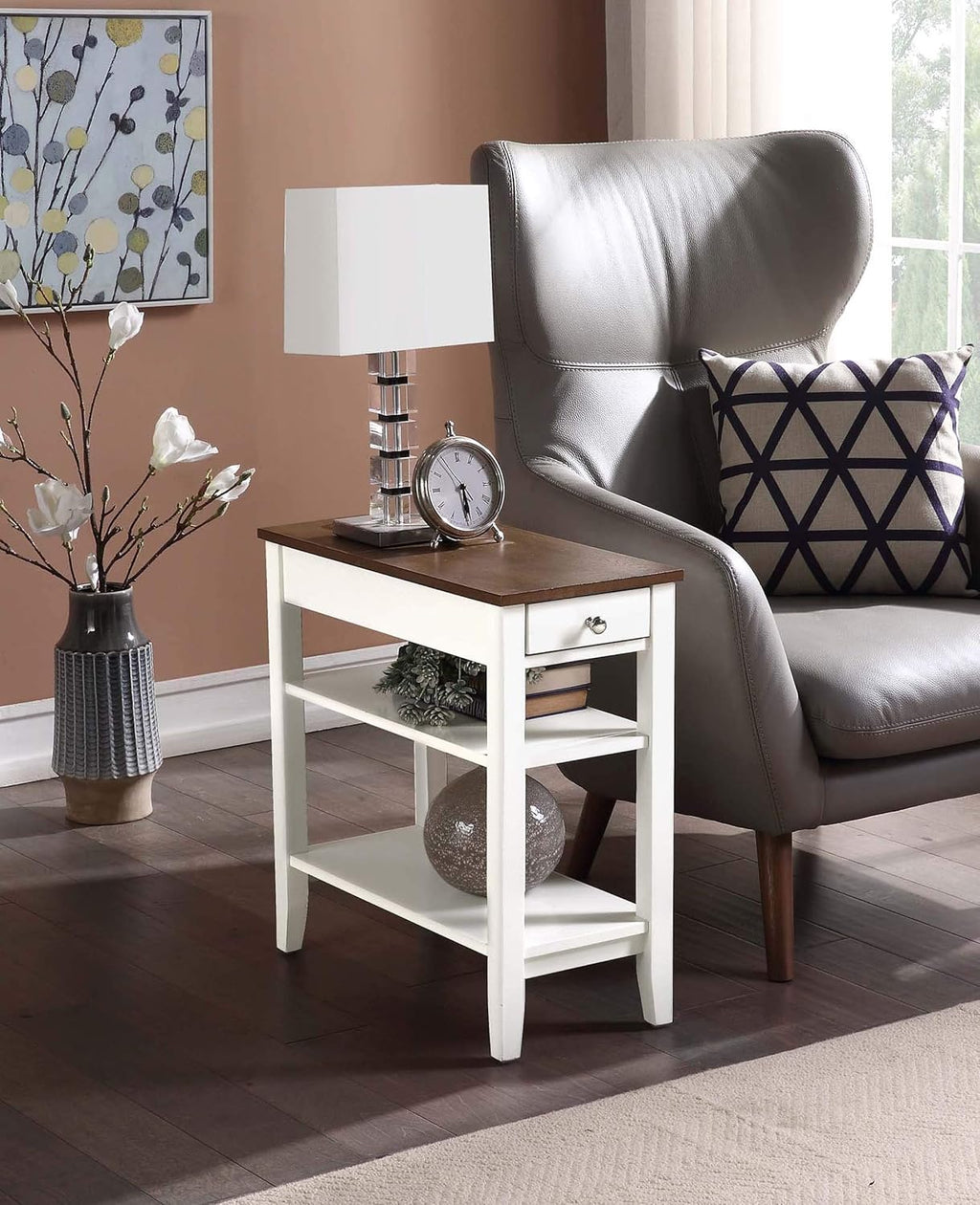 Three Tier End Table With Drawer, Driftwood / White X46997