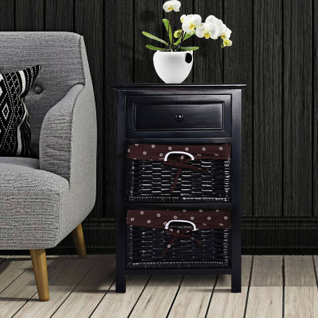 Black 3 Tiers 1 Drawer Wood Night Stand with 2 Baskets T283909