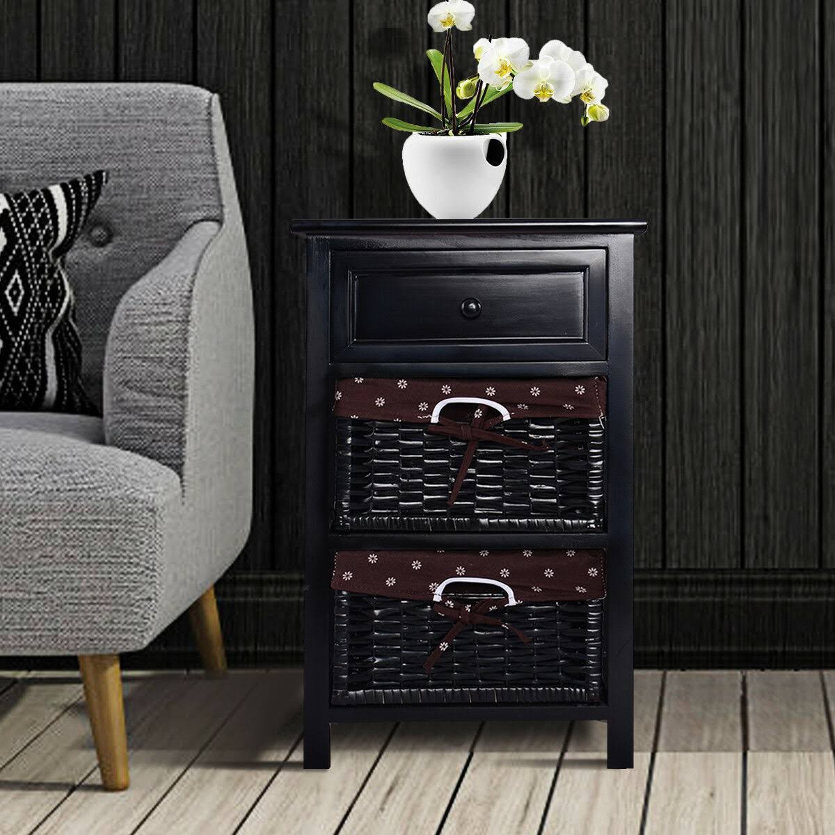 Black 3 Tiers 1 Drawer Wood Night Stand with 2 Baskets T283909