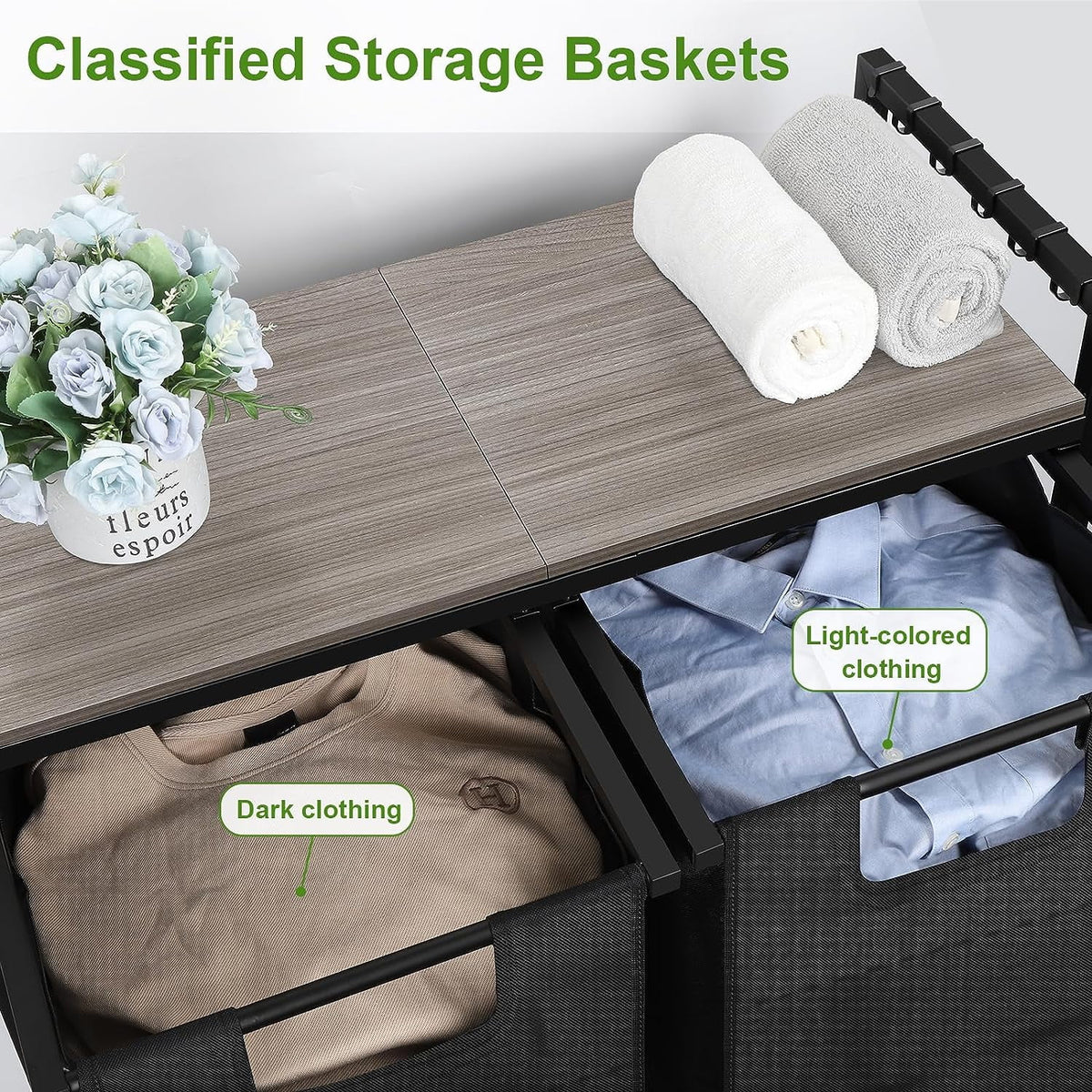 Black Double Laundry Hamper with Removable Bag and Shelf L8662