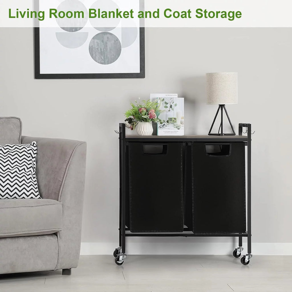 Black Double Laundry Hamper with Removable Bag and Shelf L8662