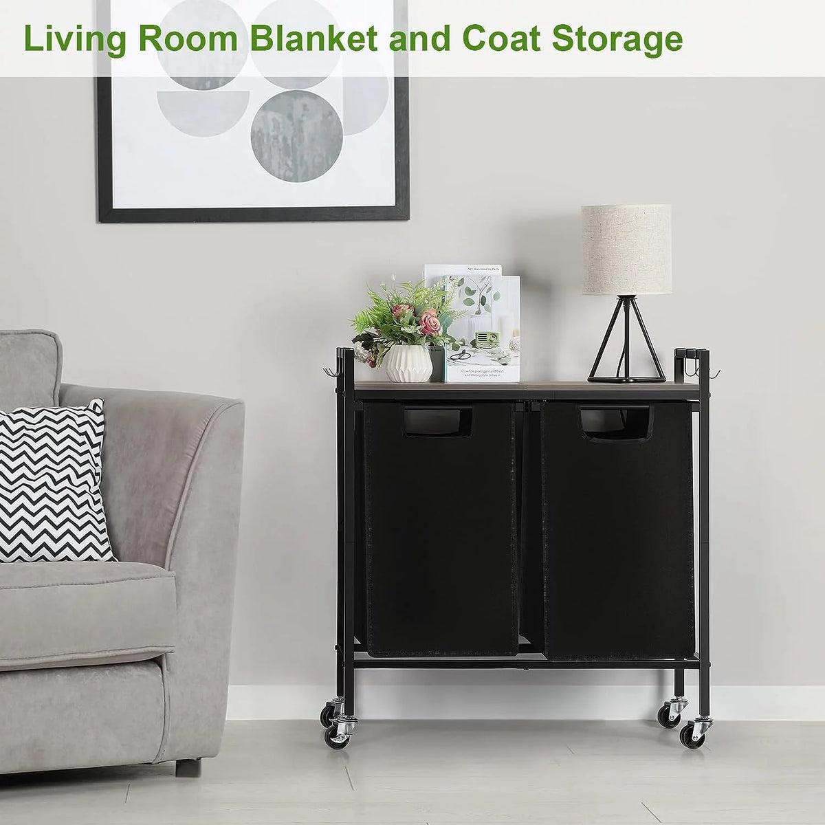 Black Double Laundry Hamper with Removable Bag and Shelf L8662