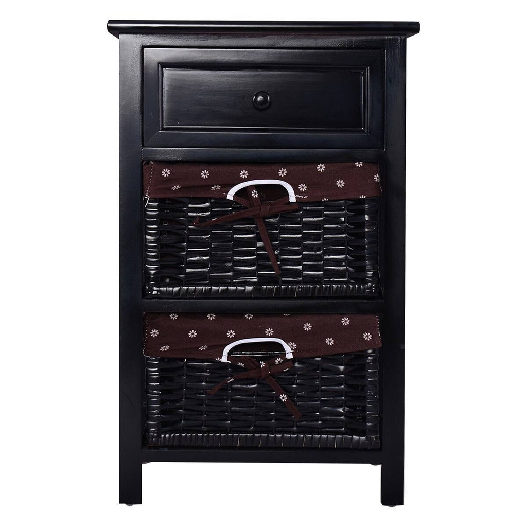 Black 3 Tiers 1 Drawer Wood Night Stand with 2 Baskets T283909