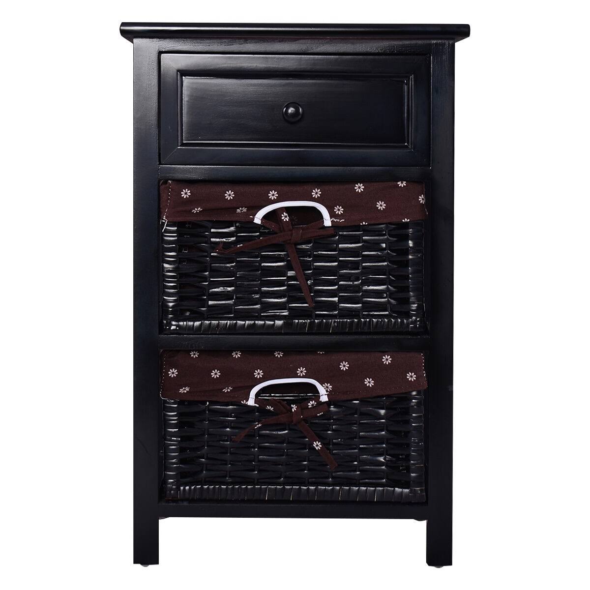 Black 3 Tiers 1 Drawer Wood Night Stand with 2 Baskets T283909