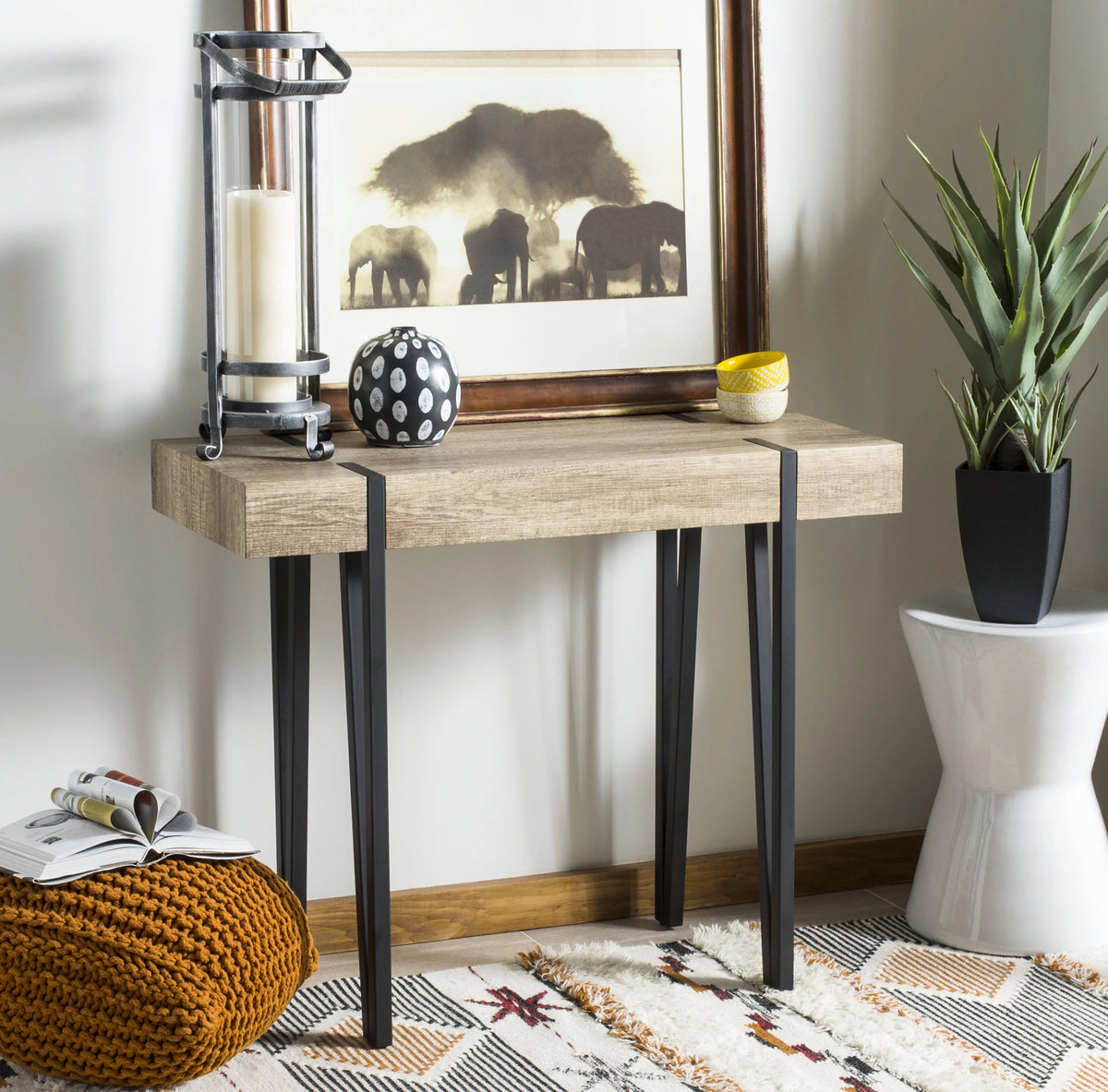 Brown Mid-Century Wood Top Console Table Q39596